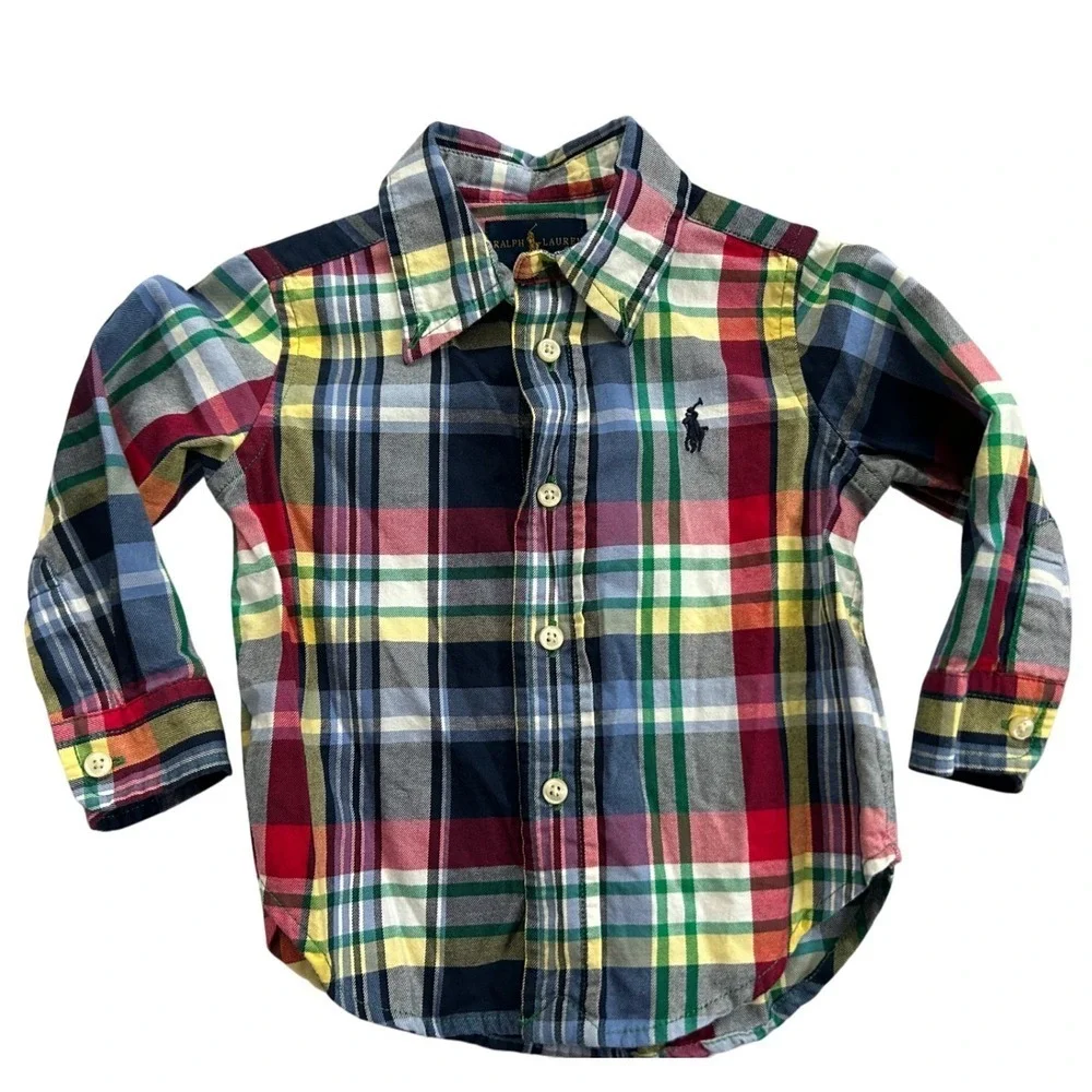Ralph Lauren Plaid Long Sleeve Button Down‎ Shirt Kids Boys Size 12M